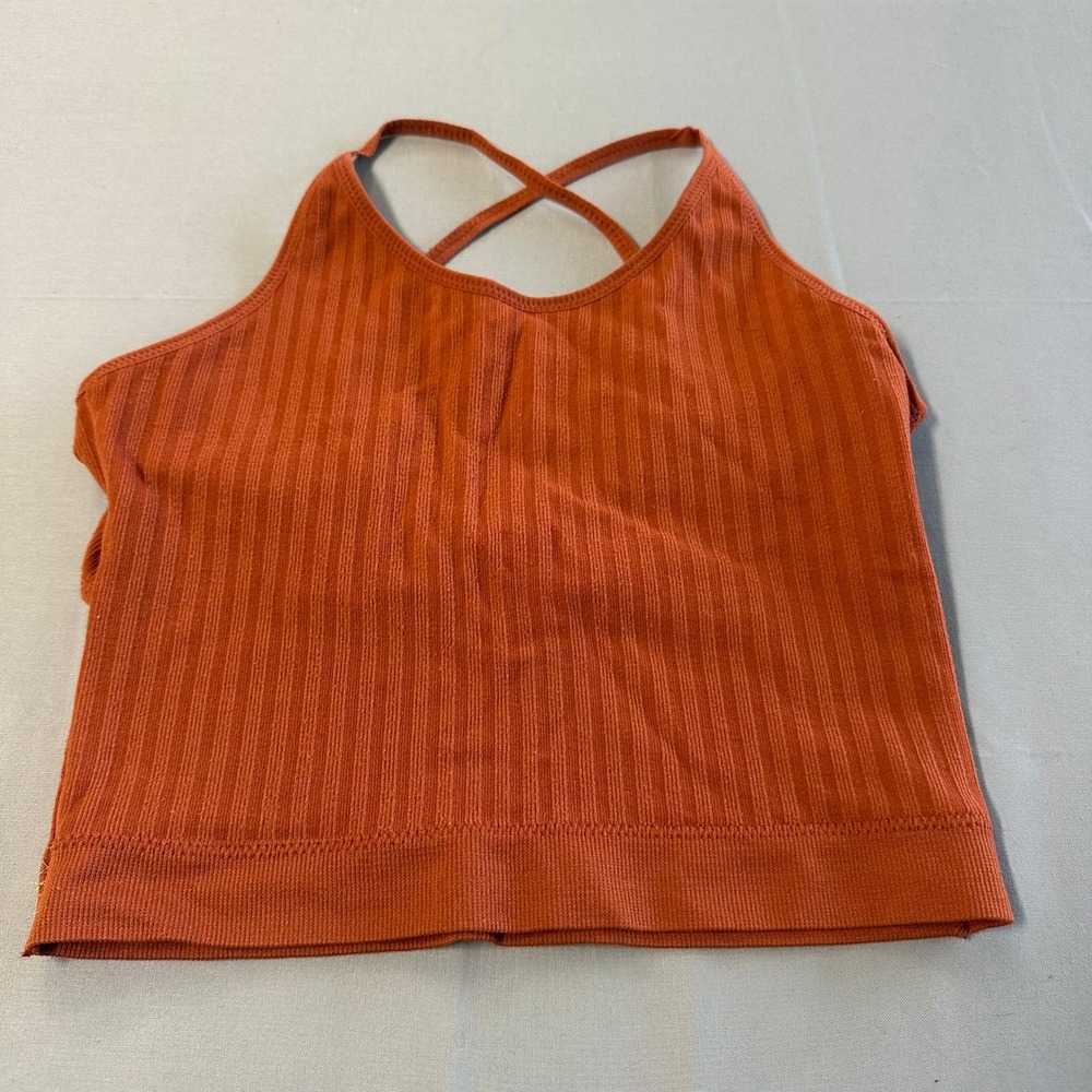 Seamless Ribbed Crop Top Rust Orange Criss‎ Cross Back Strappy Camisole Small